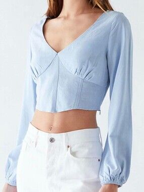 Kendall & Kyle Light Blue Long Puff Sleeve Corset-style Crop Top, Size L